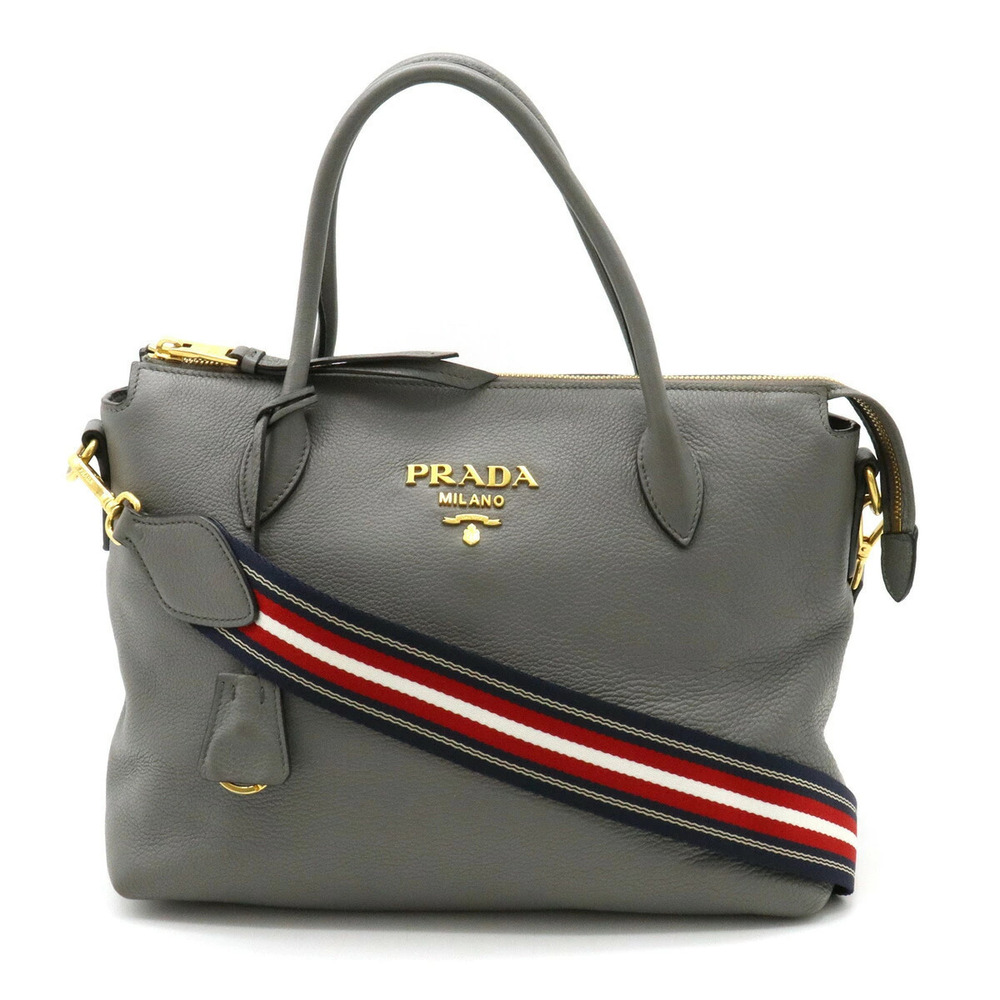 Prada Vitello Daino Handbag Tote Bag Shoulder Striped Leather Gray